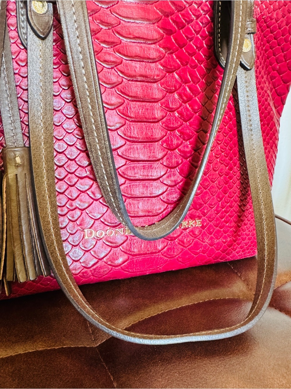 Dooney & Bourke Python Embossed Leather Tassel Tote Raspberry Brown Large - Picture 6 of 15